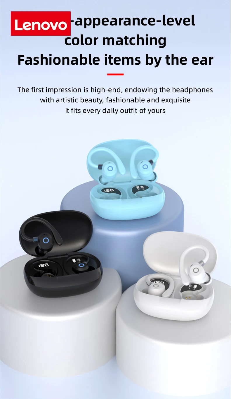 Lenovo Sports Bluetooth Earphones with LED Display and Bluetooth 5.4 TWS Ear Hook Extended Standby Headsets that are waterproof